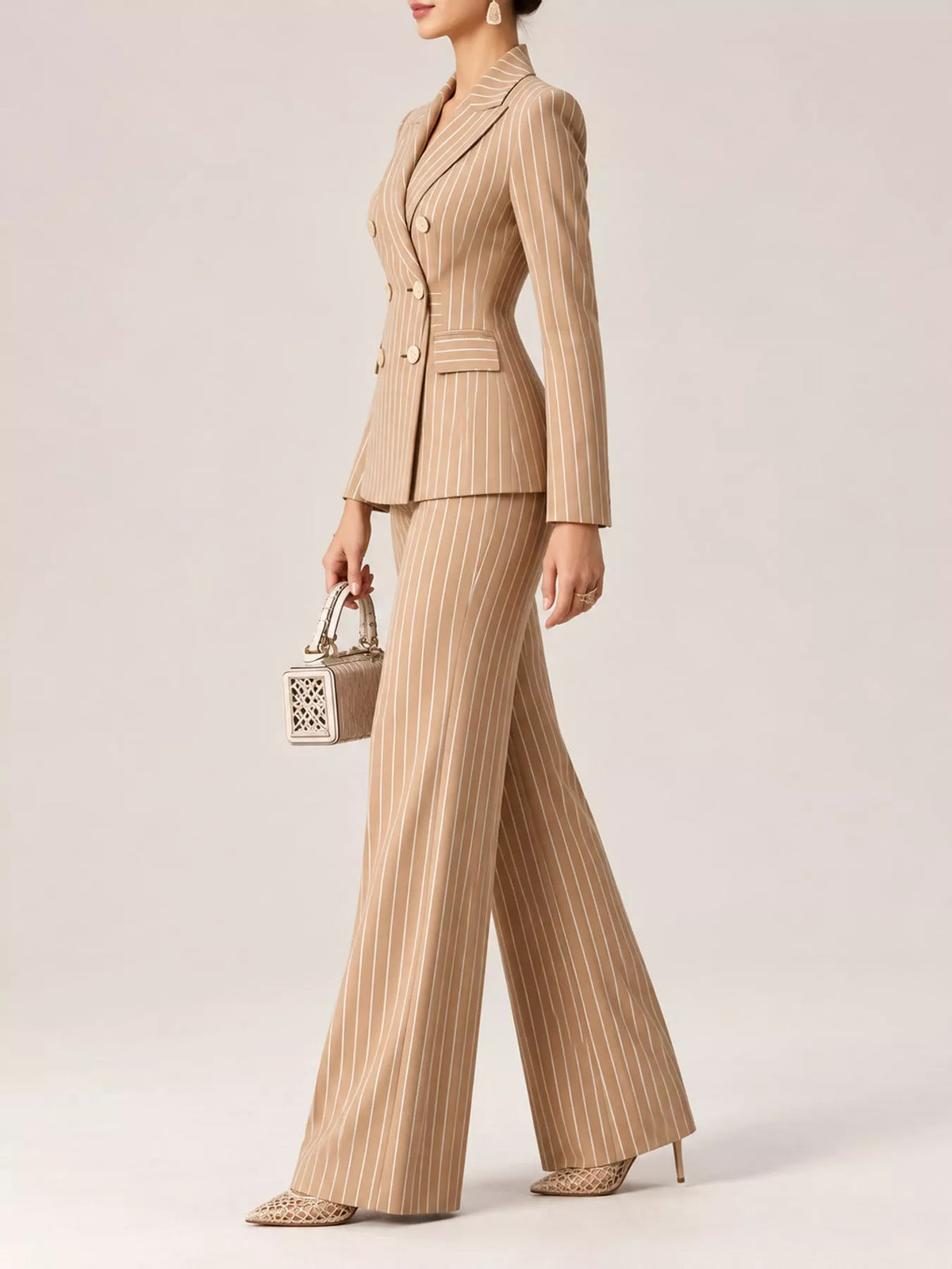 Double-Breasted Pinstripe Blazer and Wide-Leg Pants Set