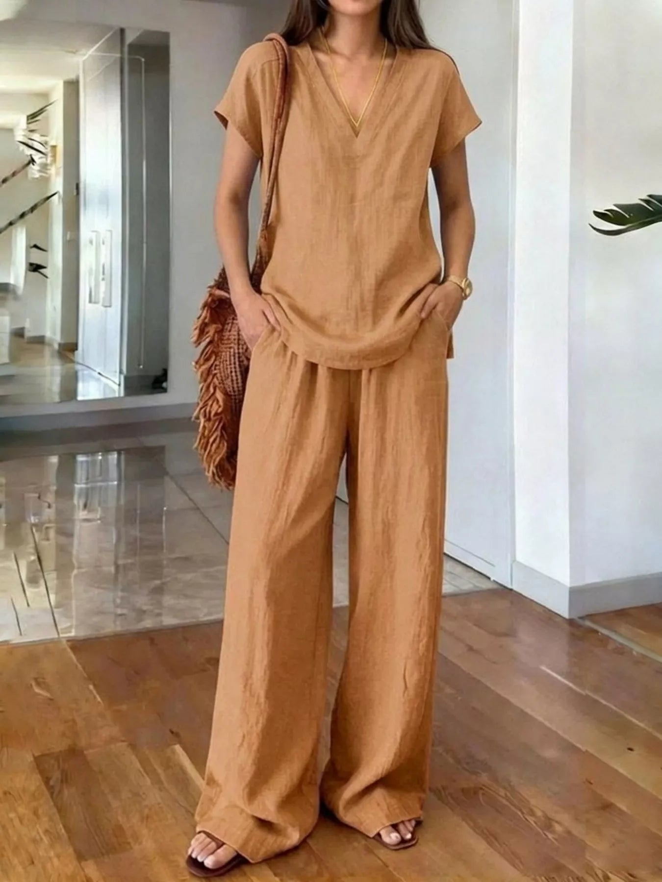 Full Size V-Neck Short Sleeve Top and Pants Set Plus Size