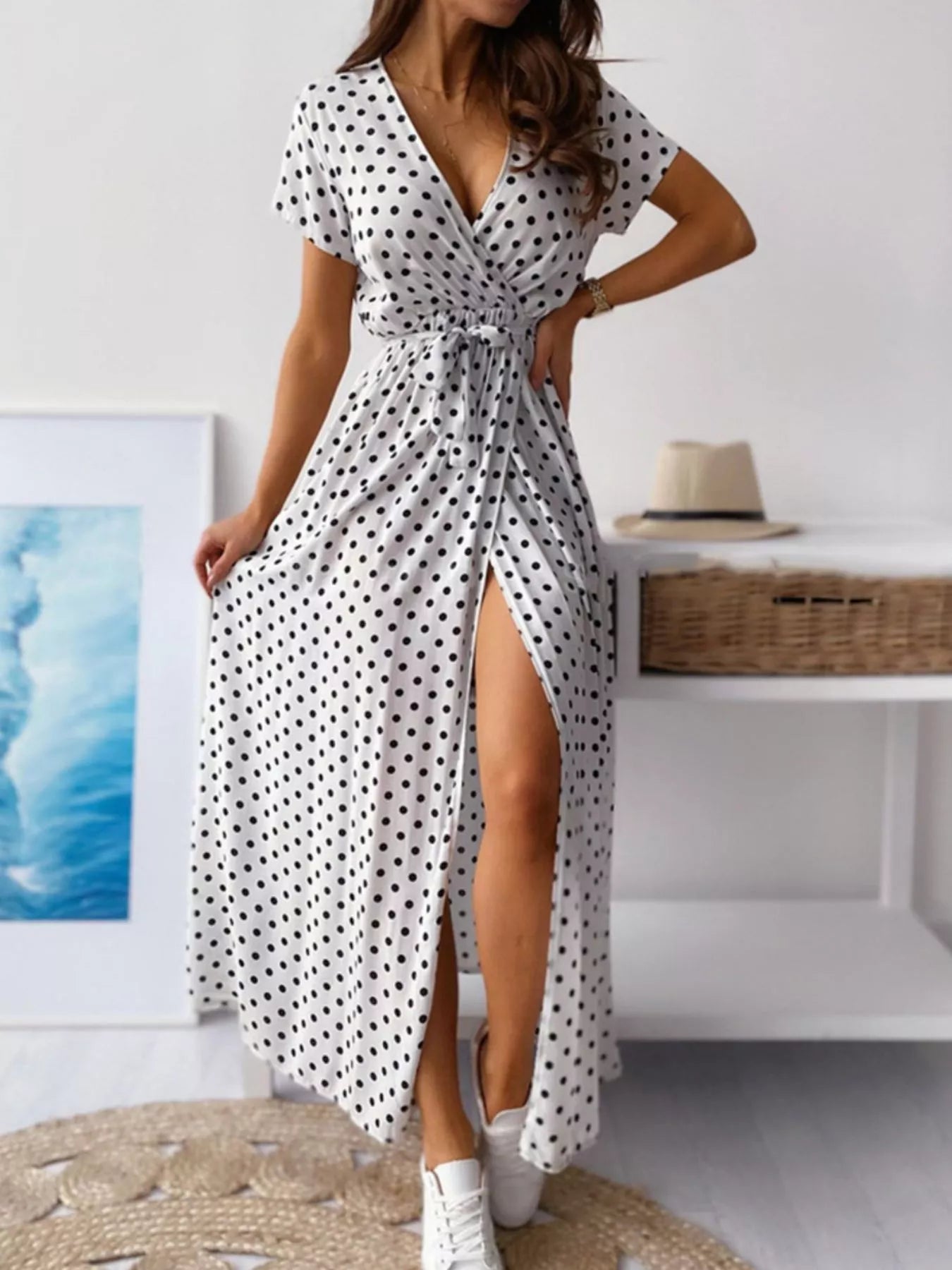 Polka Dot Surplice Maxi Dress with Slit