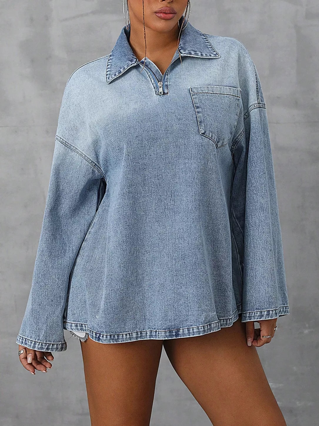 Collared Neck Drop Shoulder Denim Top