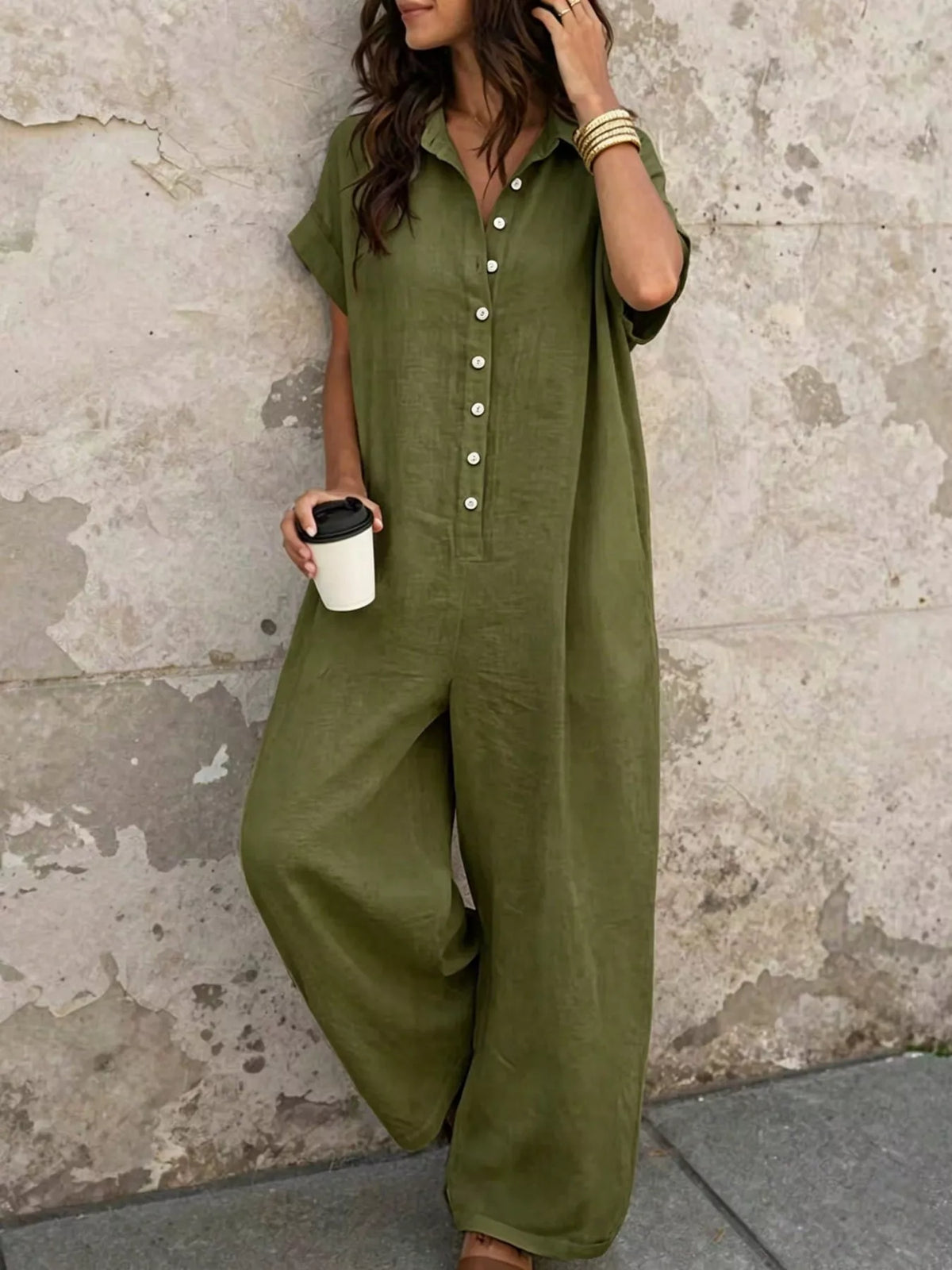 Button Front Short Sleeve Jumpsuit