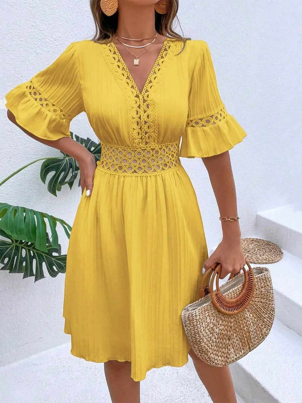 Cutout V-Neck Flounce Sleeve Mini Dress – Ruffled Lined Style