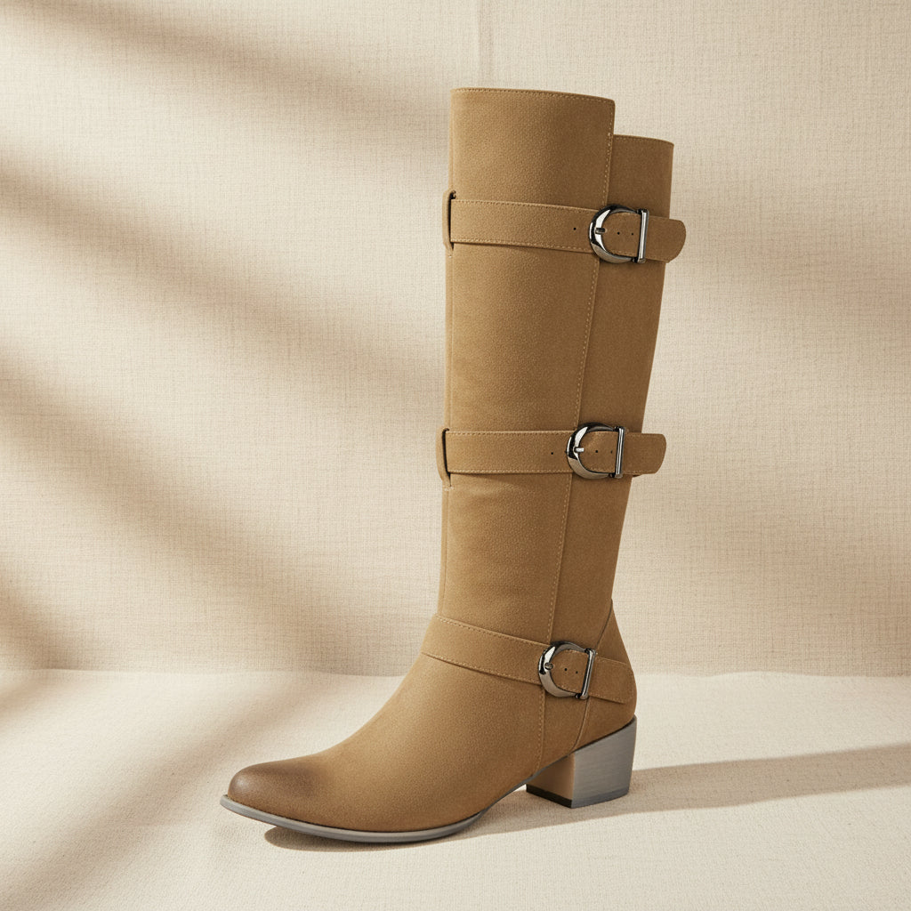 Women's Over-the-Knee High Heel Chunky Boots – Buckle Suede