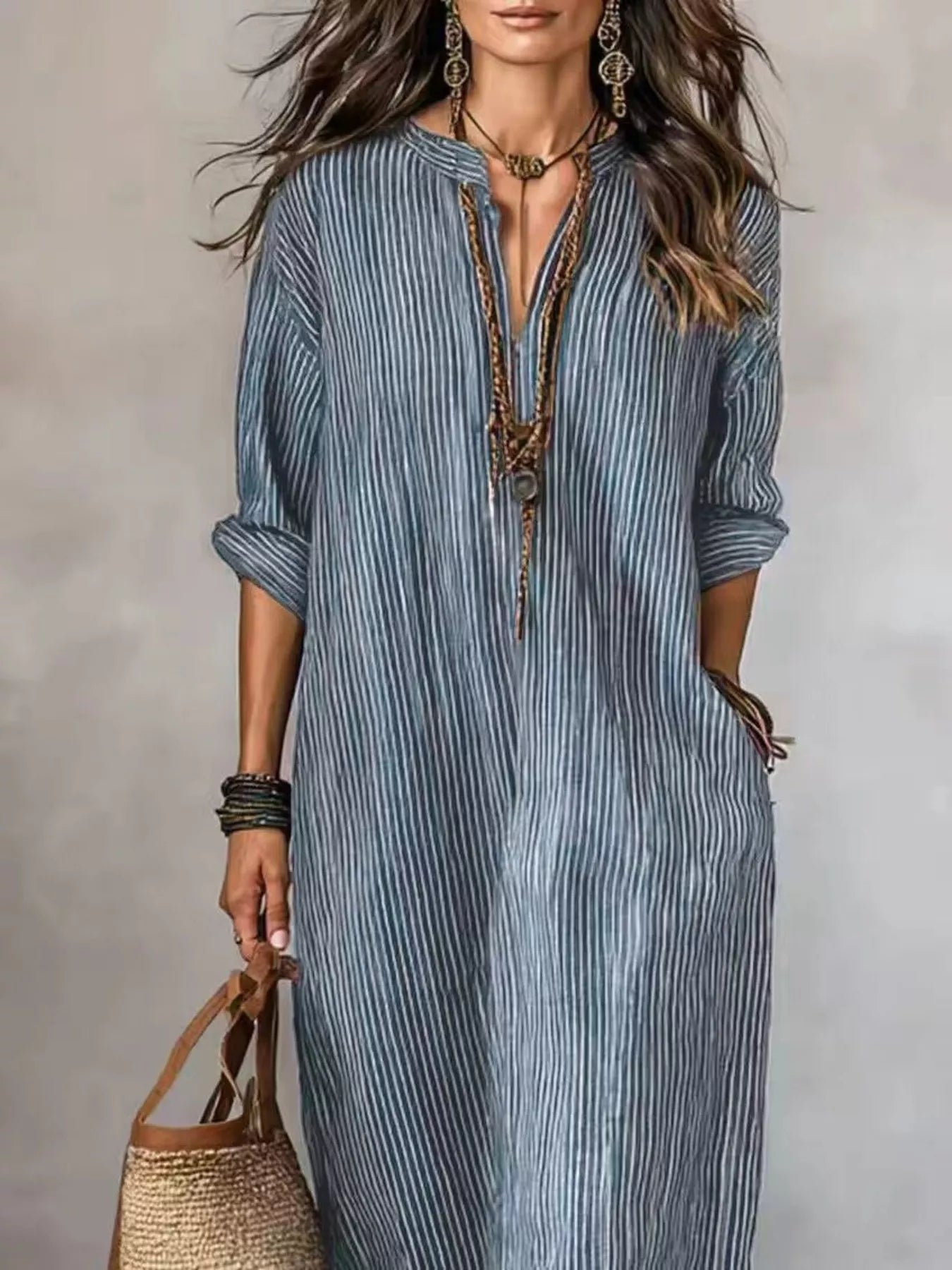 Full Size Striped Notched Maxi Dress with Pockets Plus Size