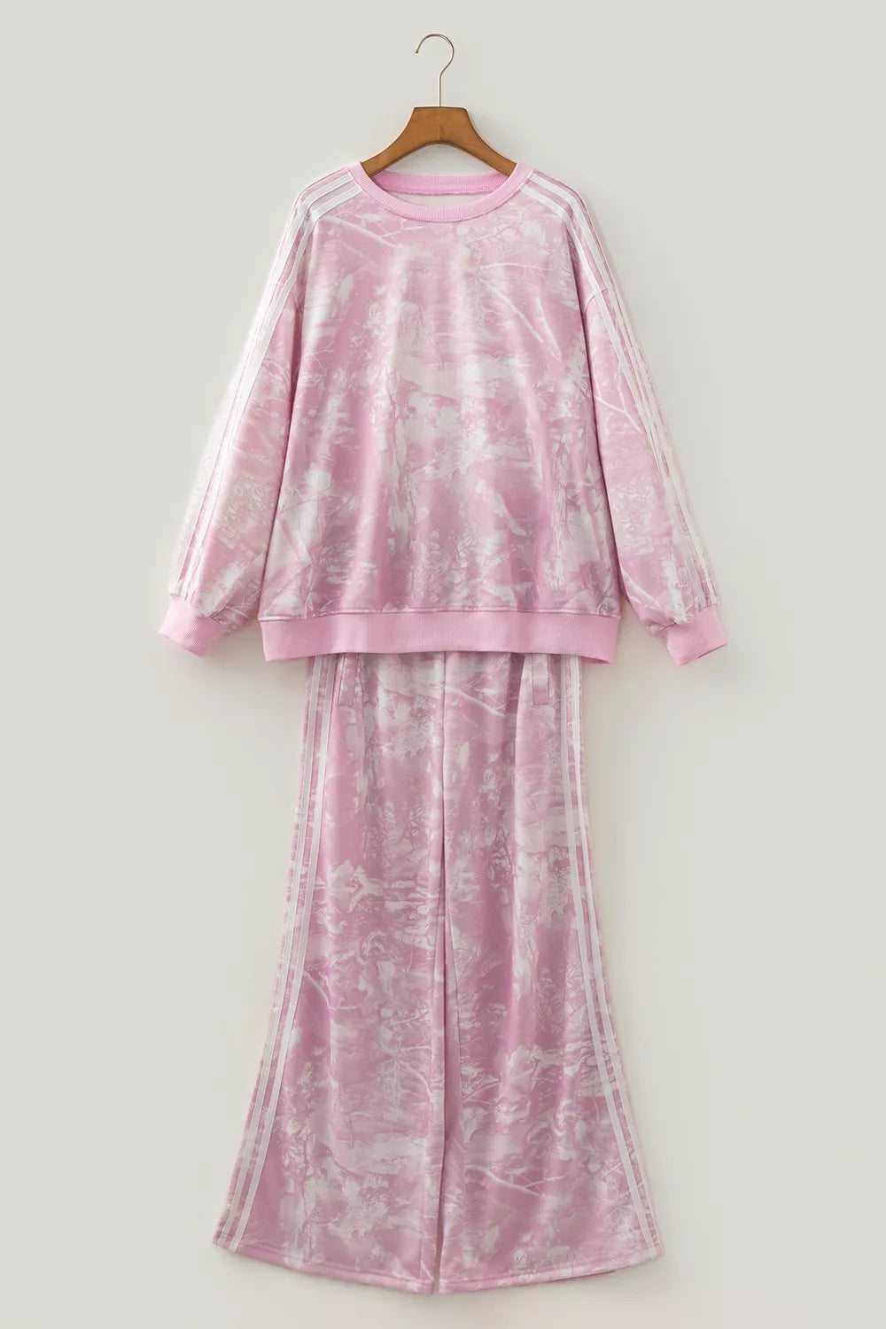 Abstract Print Side Stripe Detail Long Sleeve Top Loose Pants Set