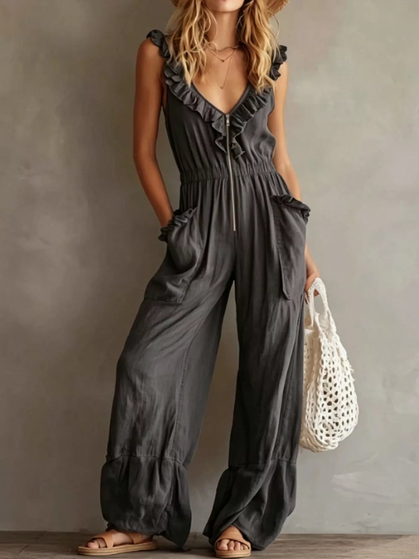 Ruffled V-Neck Wide Leg Jumpsuit