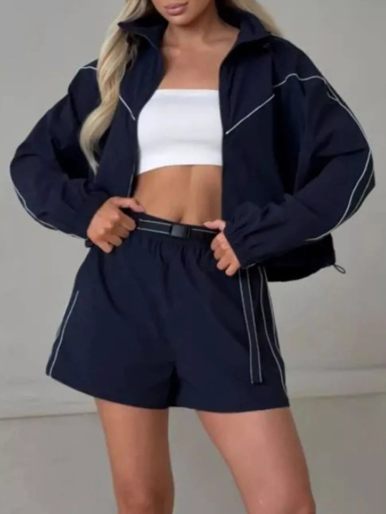 Drawstring Zip-Up Jacket and Shorts Set