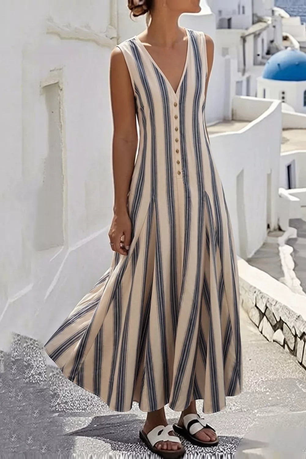 Striped V-Neck Sleeveless Midi Dress