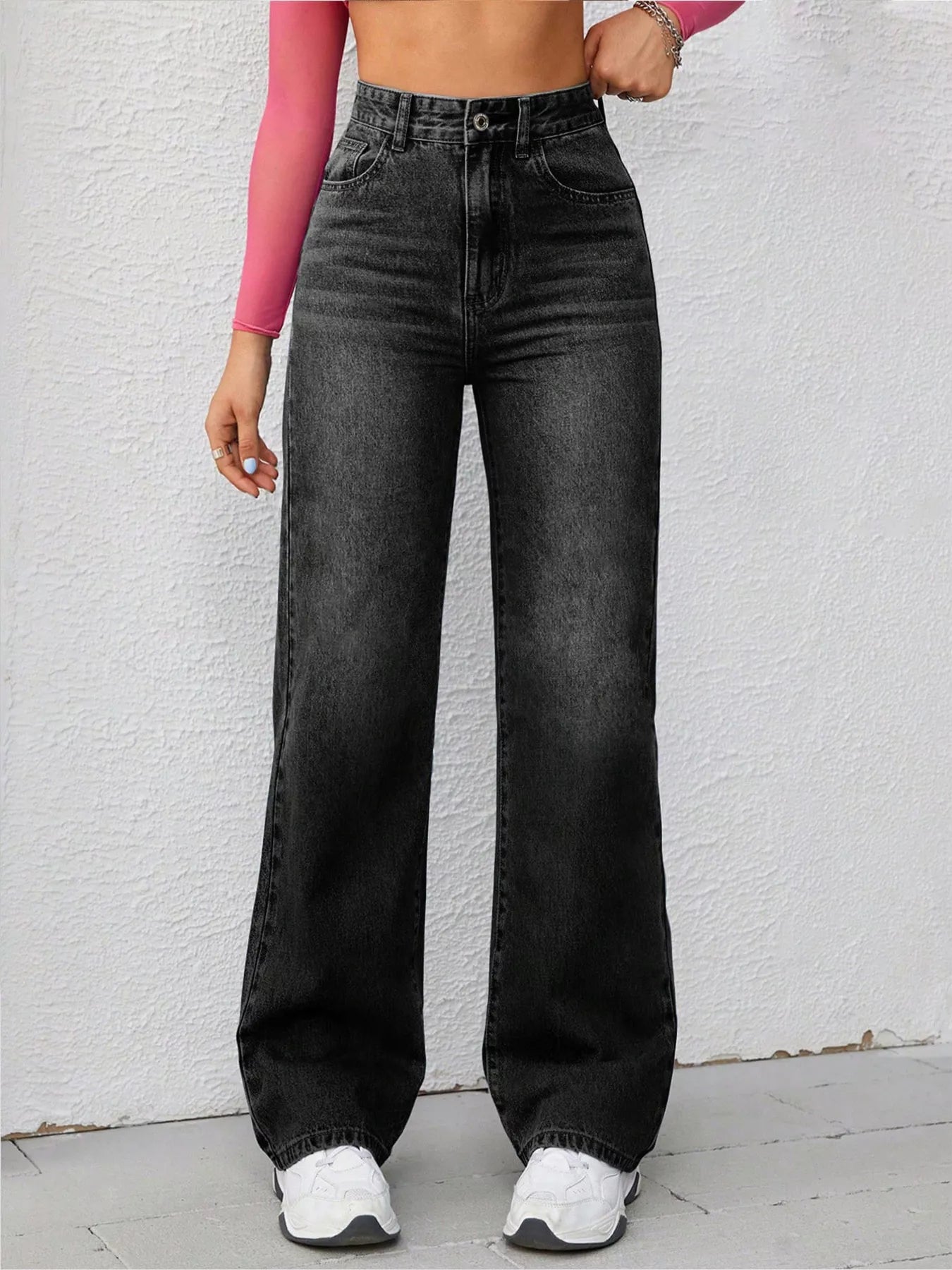 High-Waisted Wide-Leg Washed Jeans