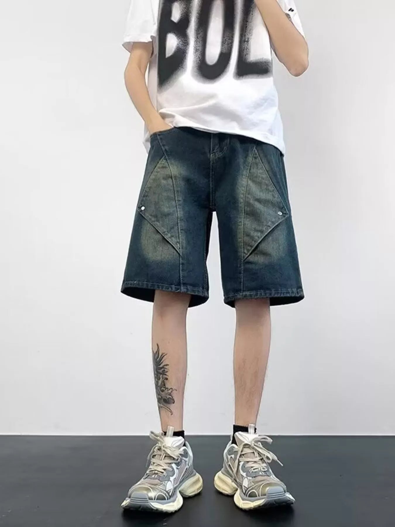 Men's Plus Size Wash Denim Shorts with Pockets