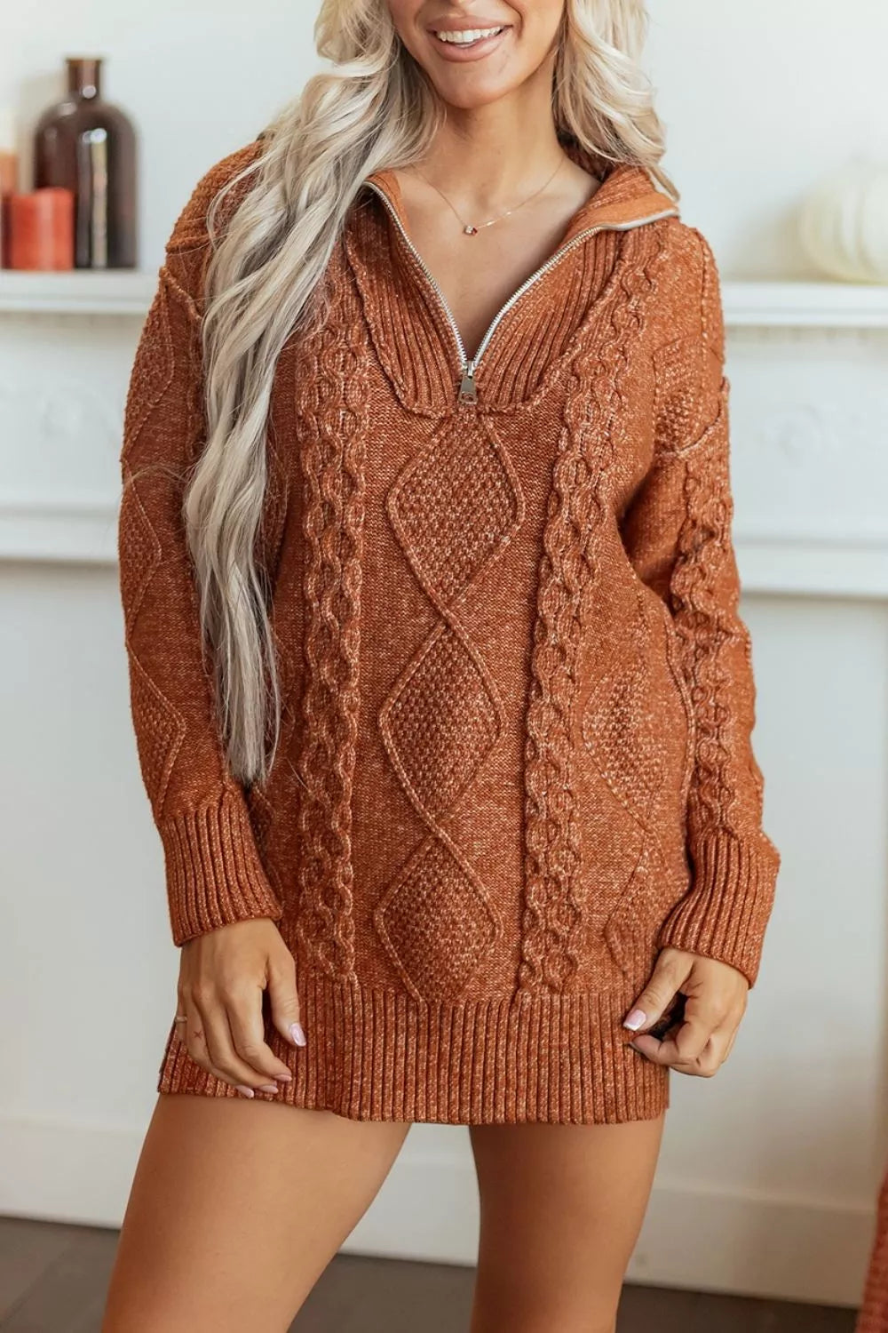 Zip-Up Cable Knit Drop Shoulder Sweater Dress