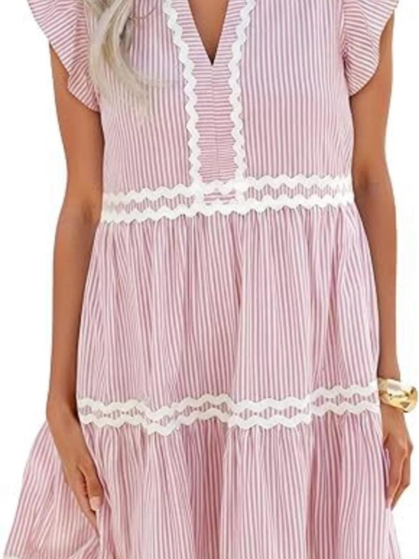Striped Ruffle Sleeve Tiered Dress
