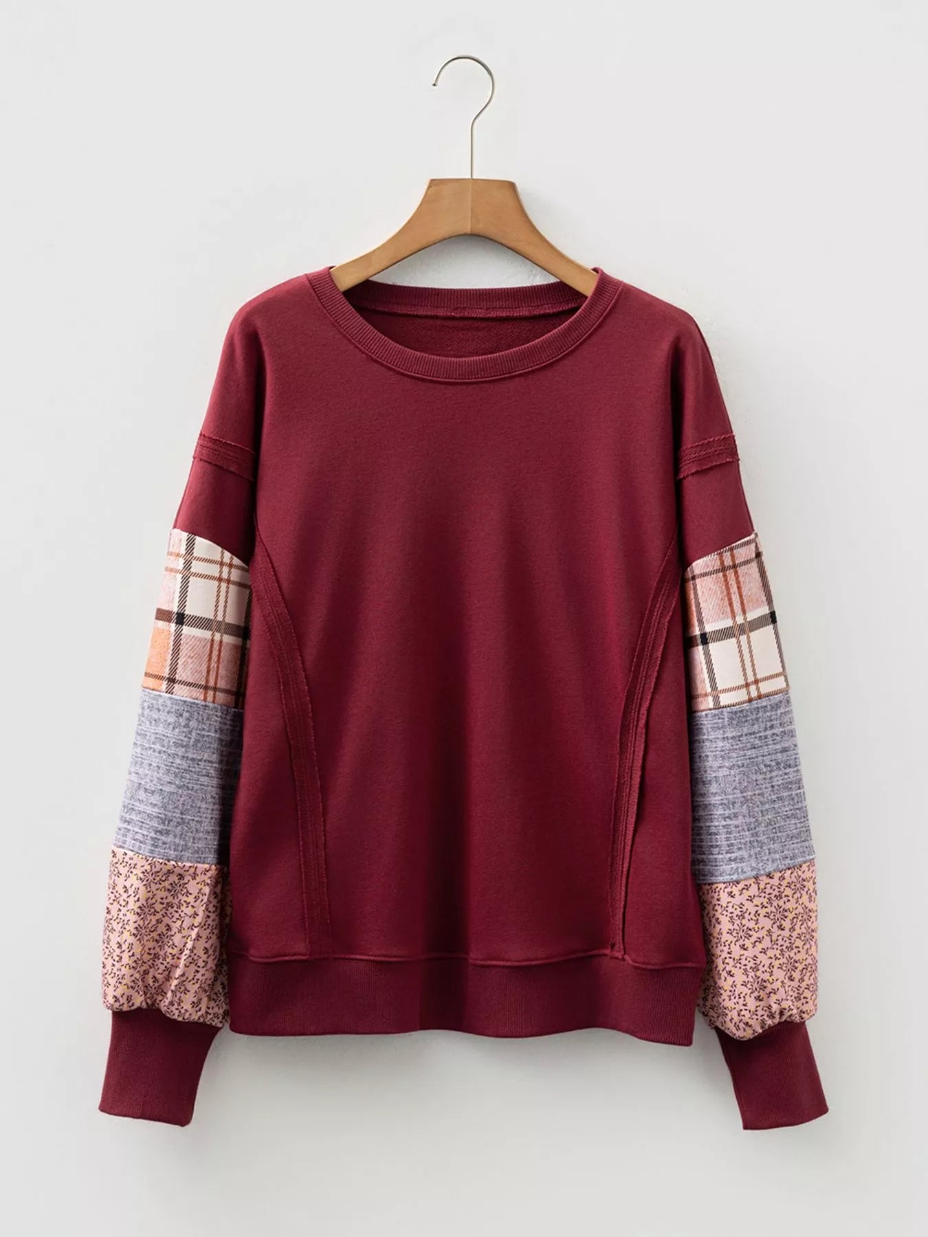 Plaid Colorblock Patchwork Sleeve Raw Seam Sweatshirt