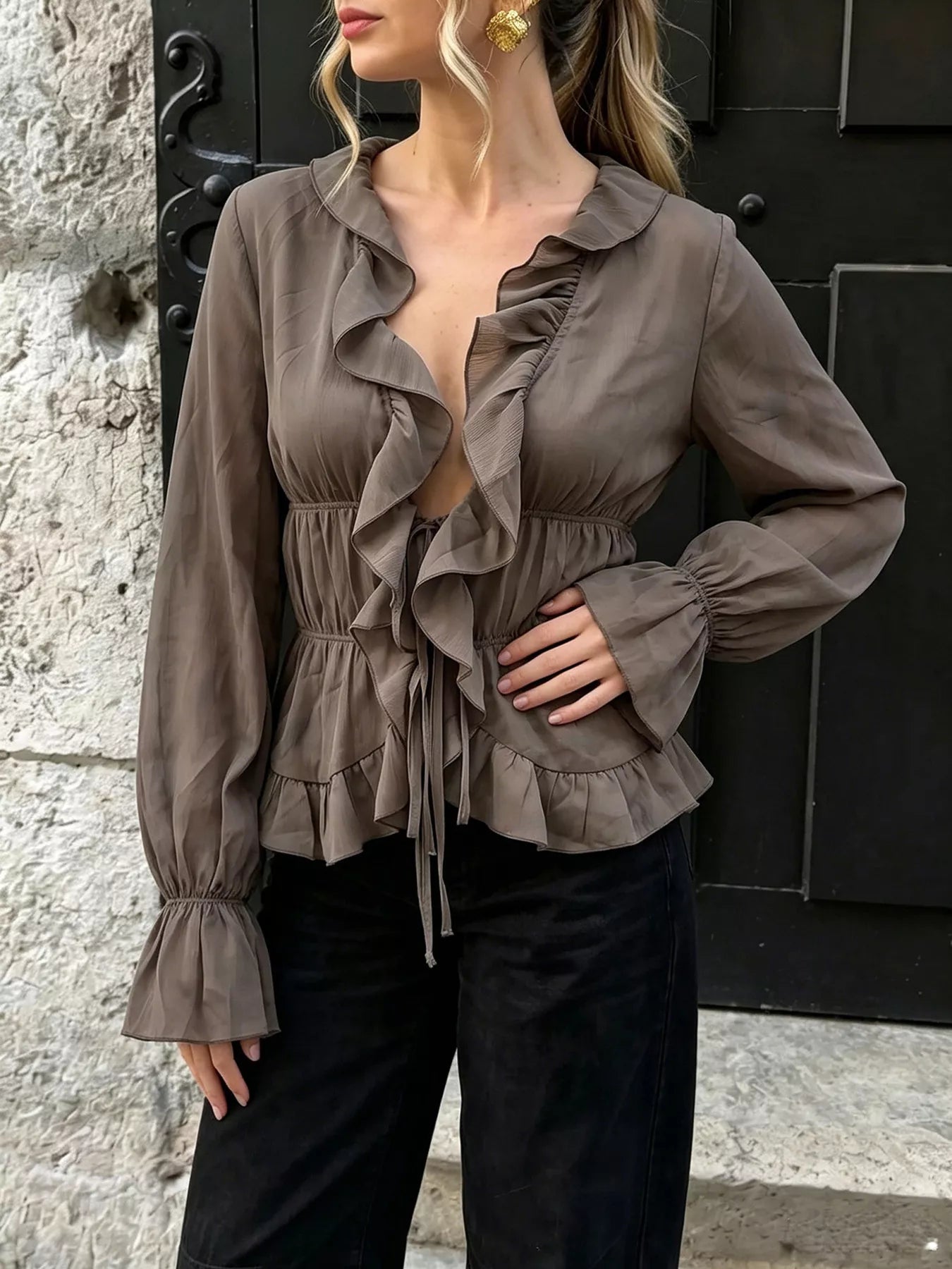 Ruffled V-Neck Long Sleeve Blouse