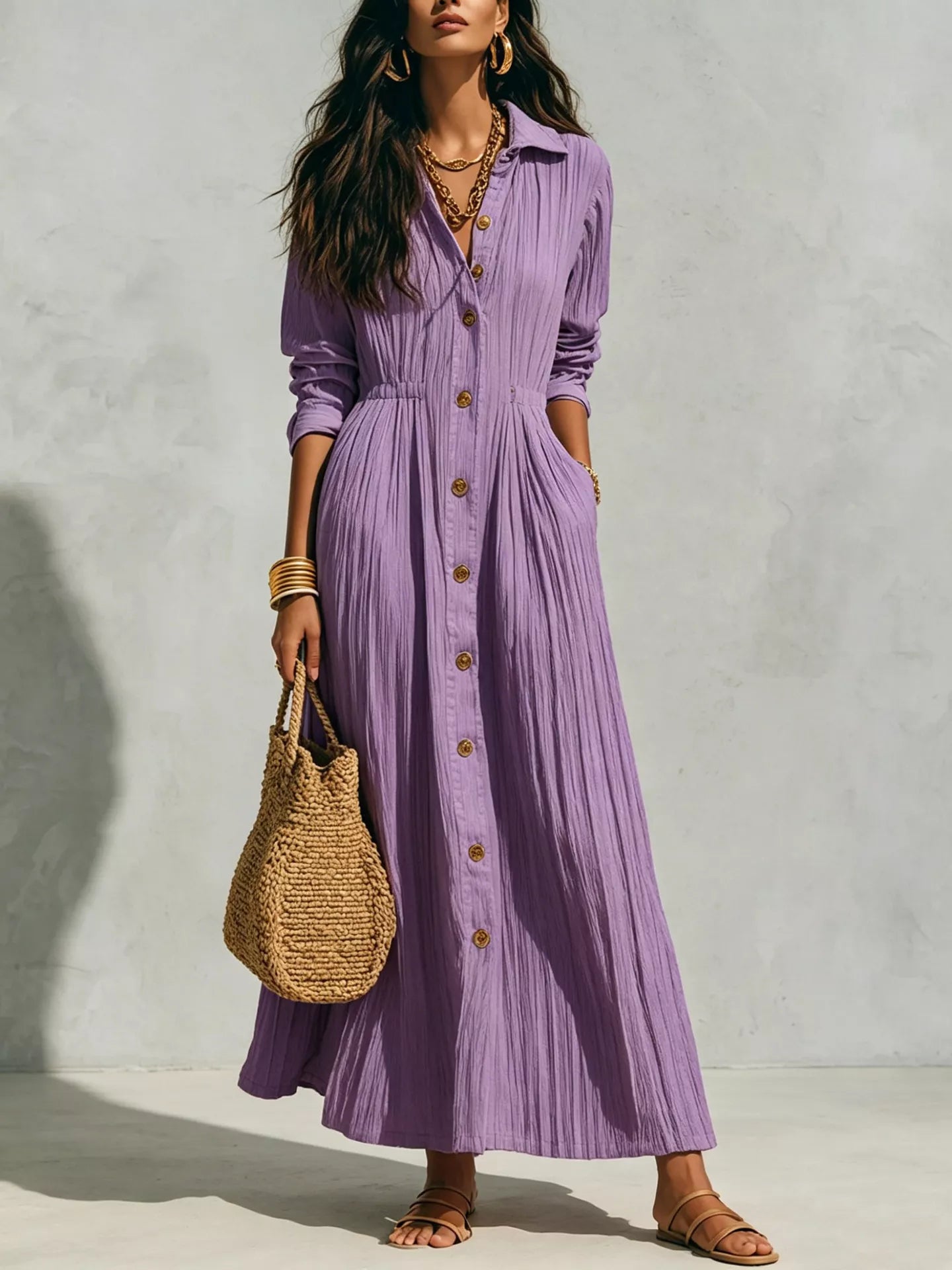 Full Size Textured Button Down Long Sleeve Maxi Dress Plus Size