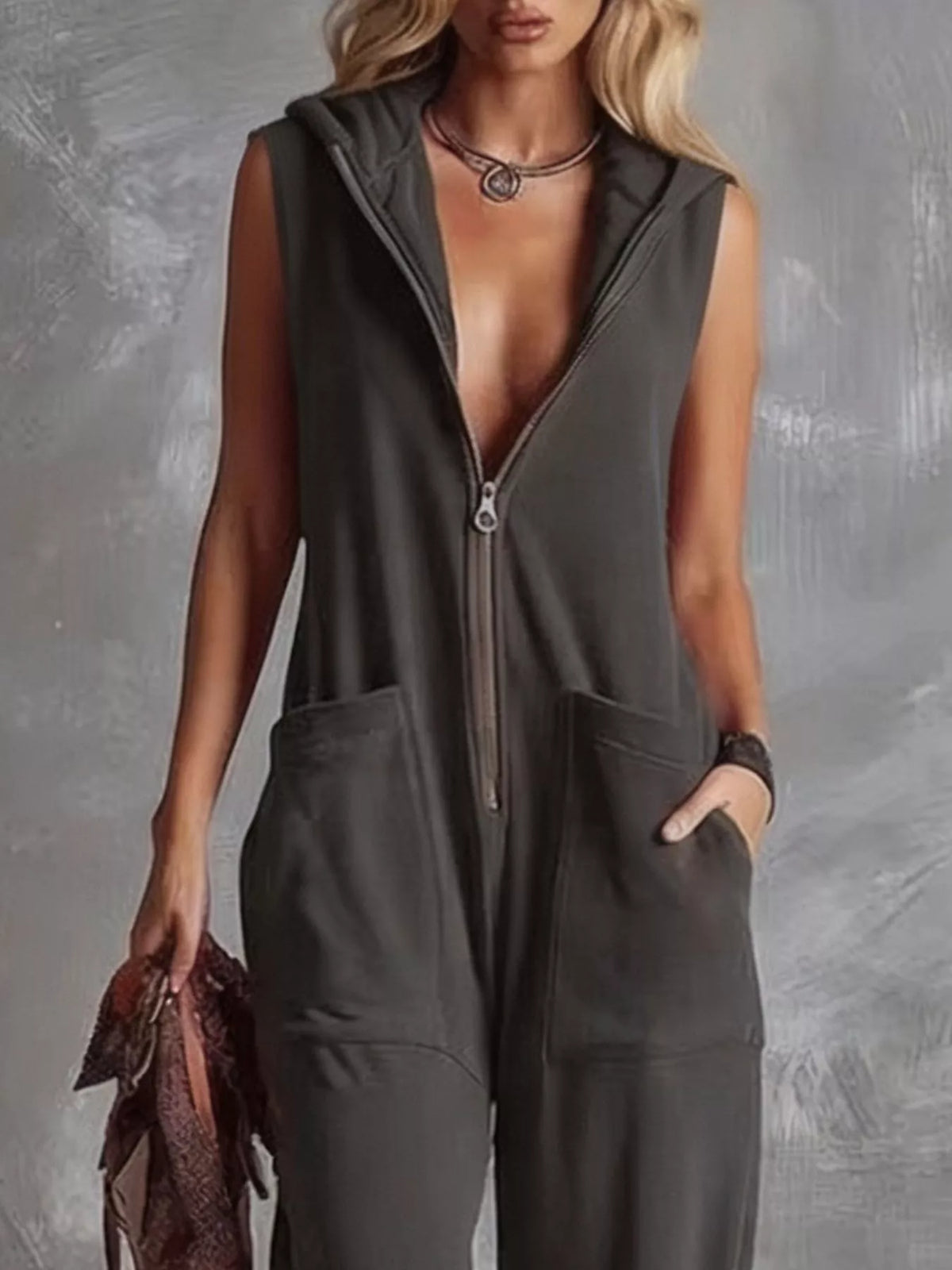 Sleeveless Hooded Zip-Front Casual Jumpsuit