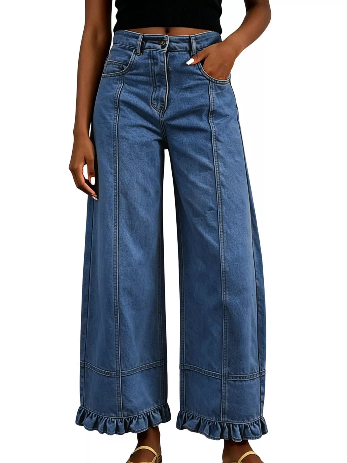 Full Size High-Waisted Wide-Leg Ruffled Hem Jeans Plus Size