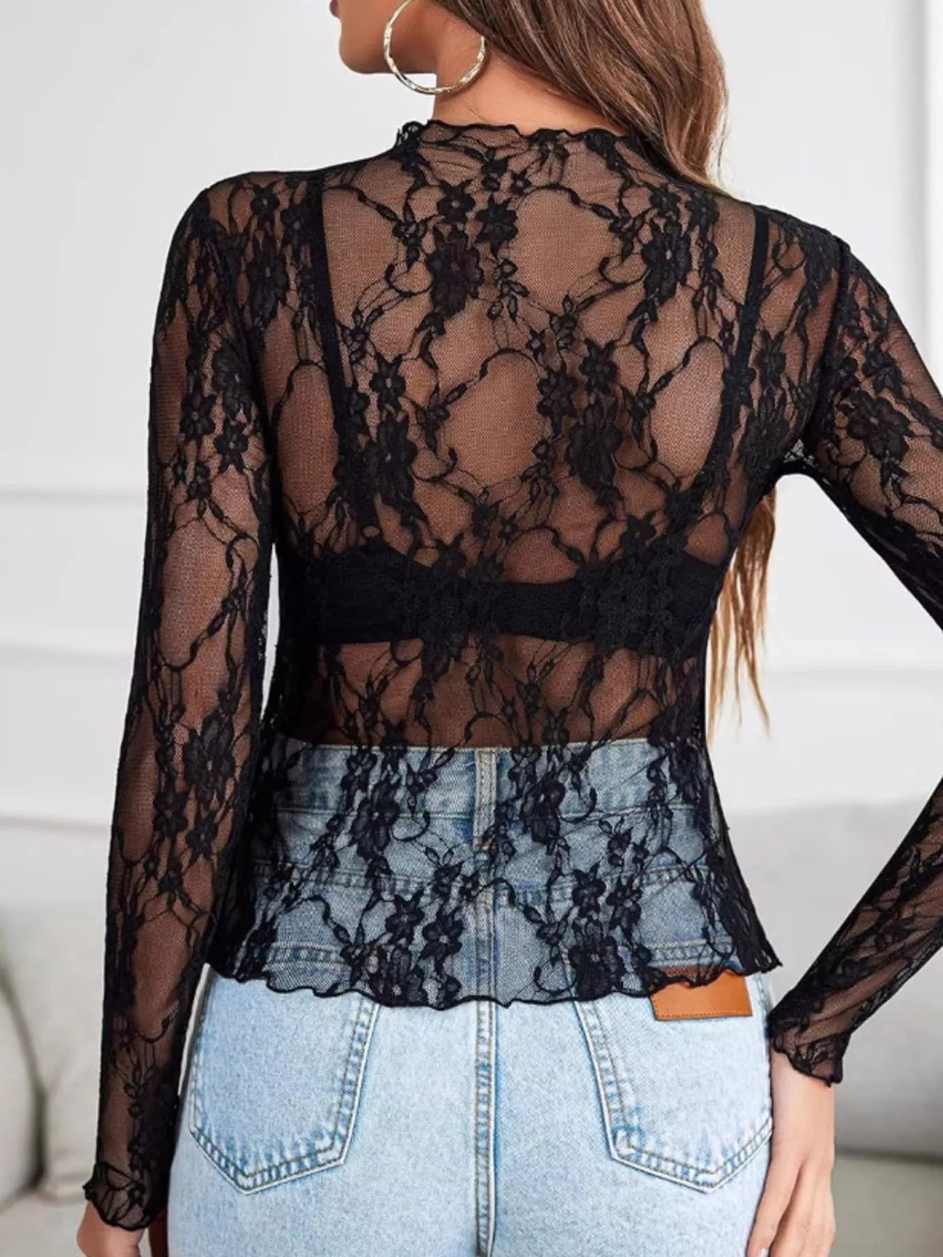 Sheer Floral Lace Long Sleeve Top