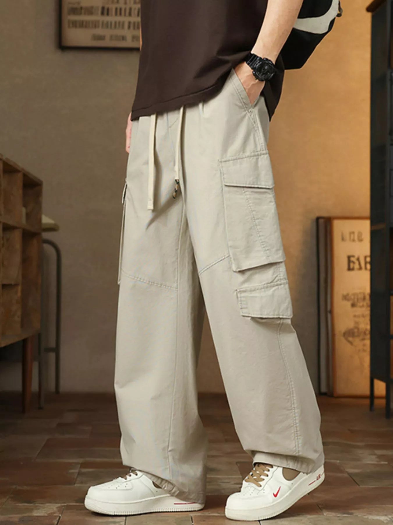 Men's Plus Size Loose Fit Cargo Pants with Drawstring