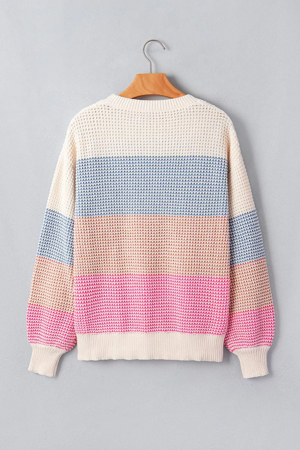 Color Block Waffle Knit Drop Shoulder Round Neck Long Sleeve Sweater