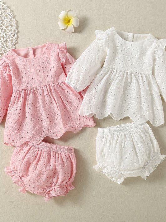 Children's Eyelet Embroidered Ruffled Top and Shorts Set