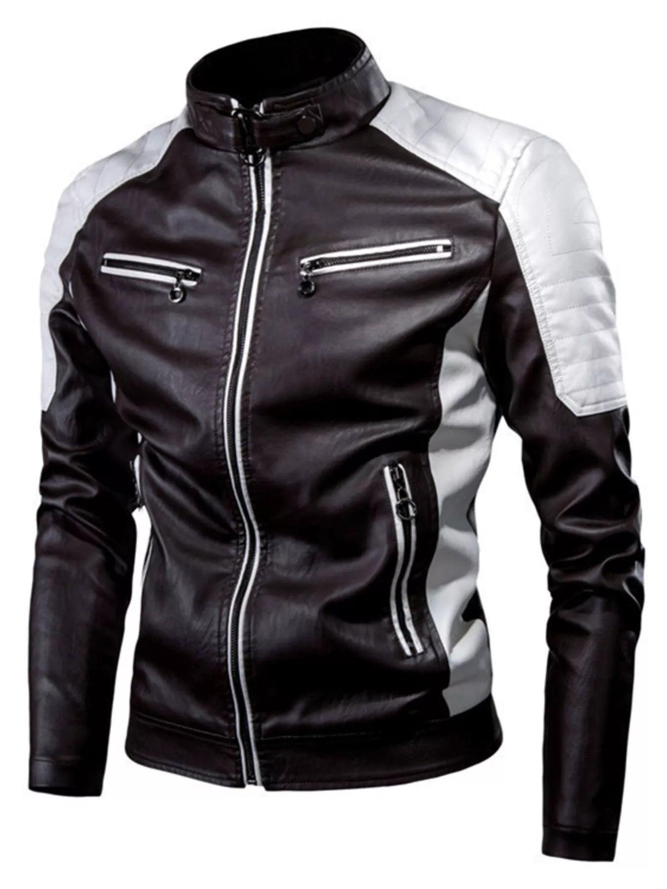 Men's Plus Size Two-Tone Slim Fit Motorcycle Leather Jacket