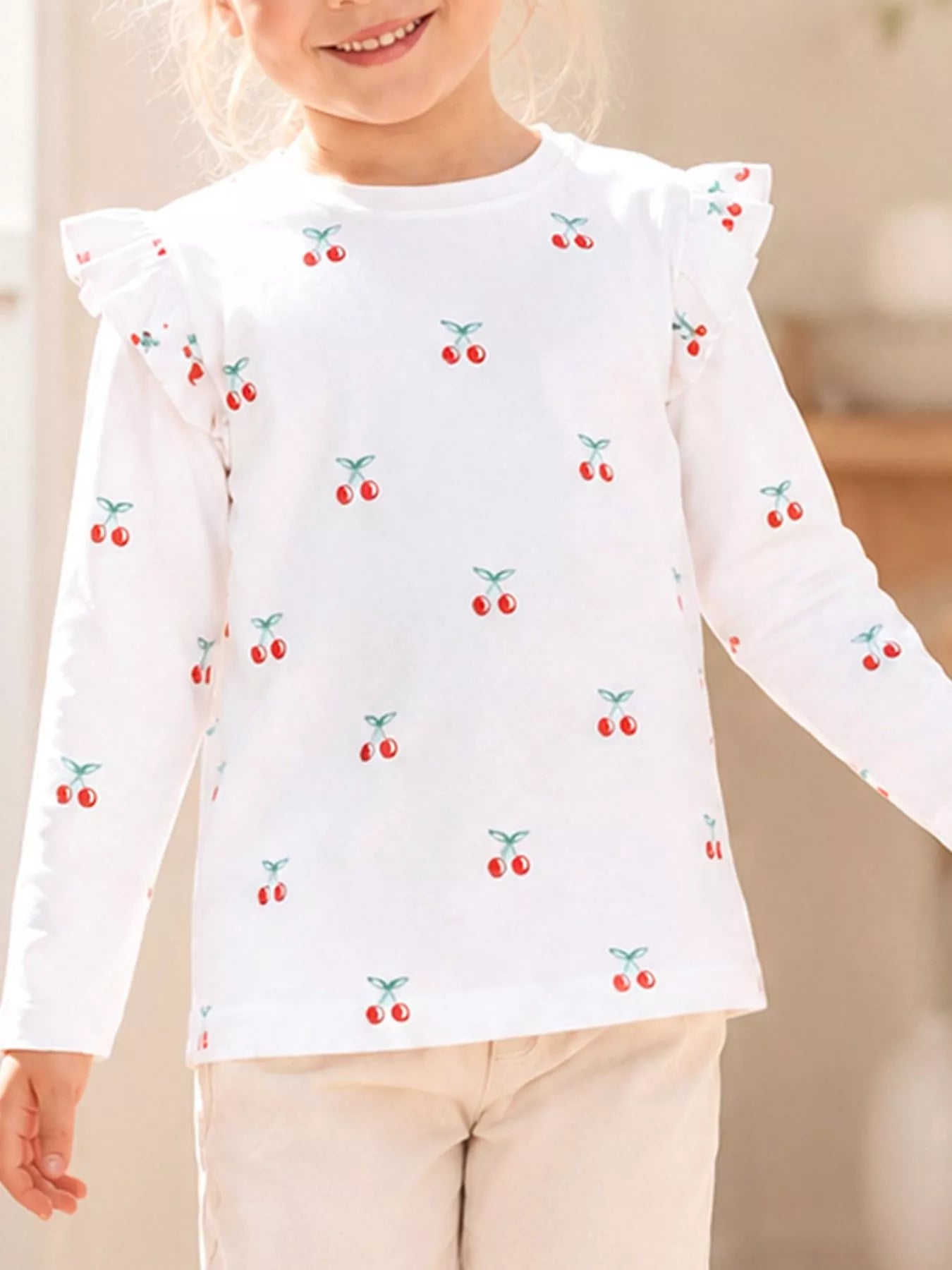 Children's Cherry & Flower Print Ruffled Long Sleeve T-Shirt