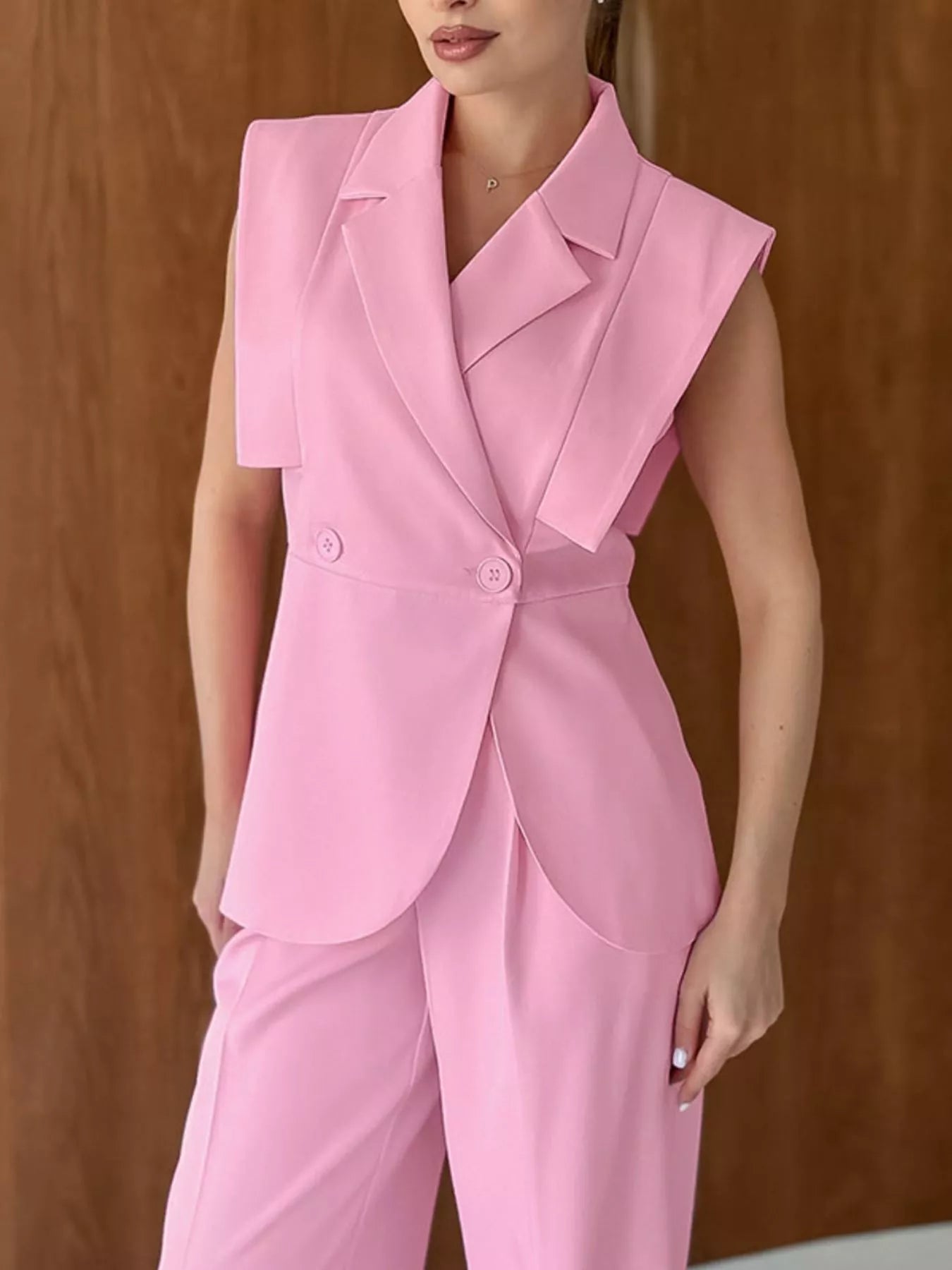 Sleeveless Blazer and Wide-Leg Pants Two-Piece Set