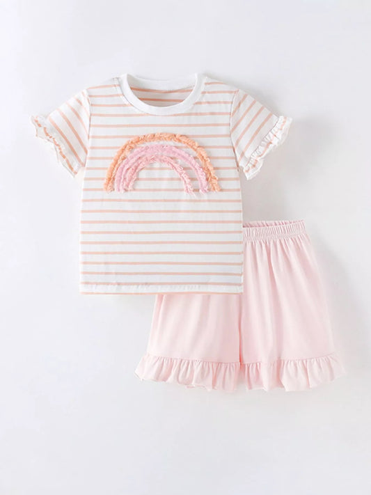 Children's Rainbow Striped Ruffle Trim Tee and Shorts Set