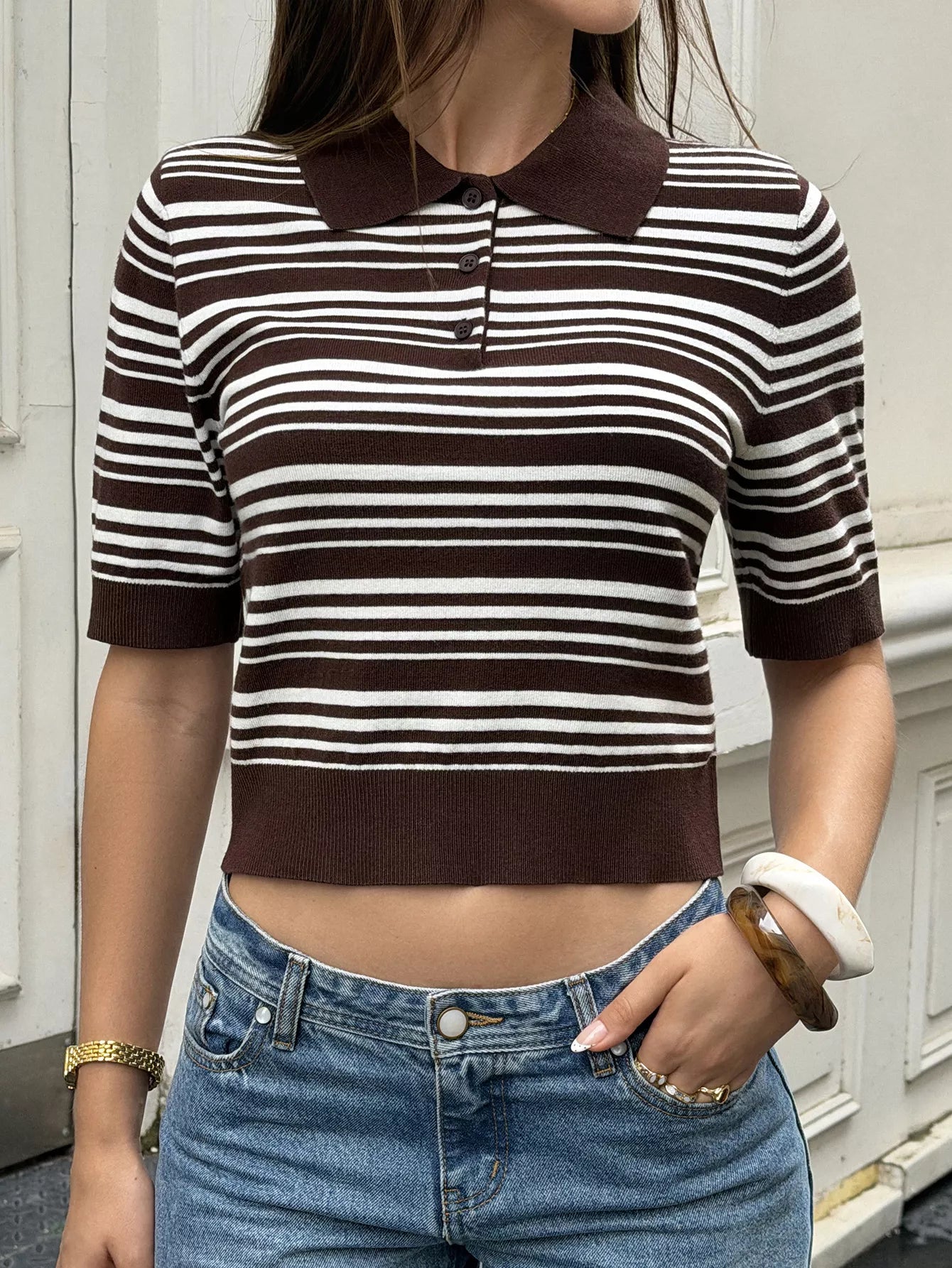 Striped Polo Cropped Knit Top