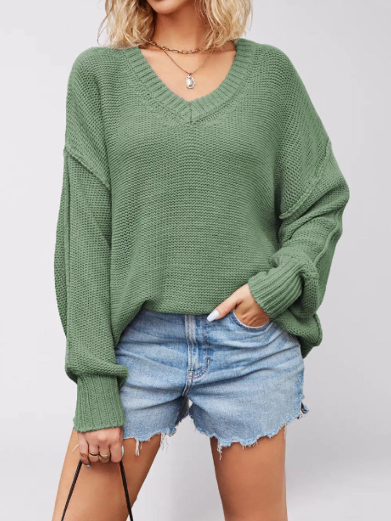 V-Neck Loose Knit Drop Shoulder Sweater