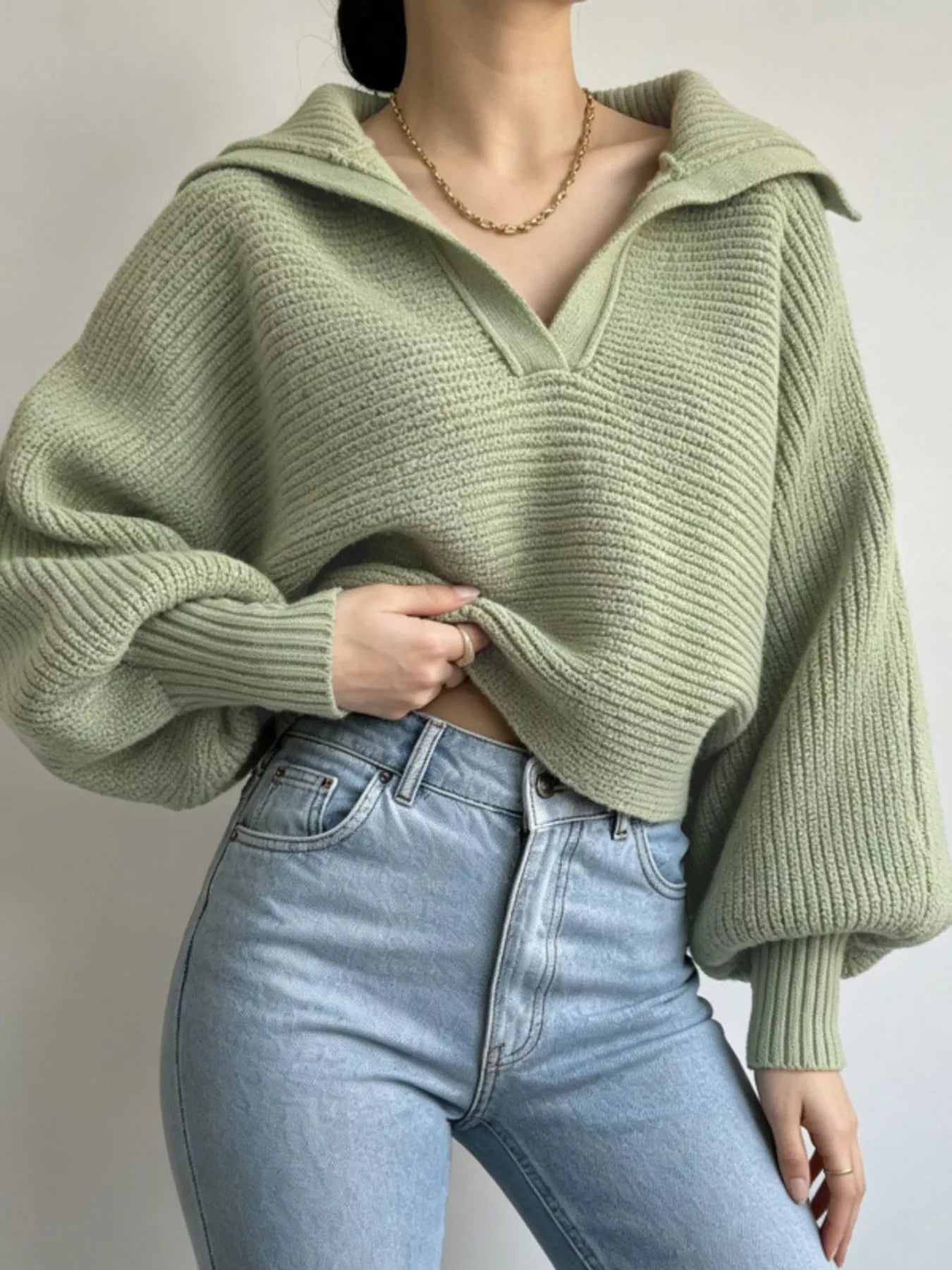 Oversized Collar Ribbed Cropped Sweater