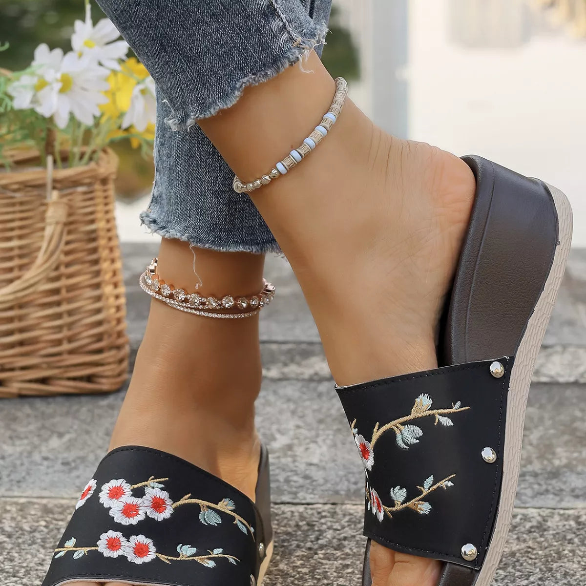 Floral Embroidered Wedge Sandals