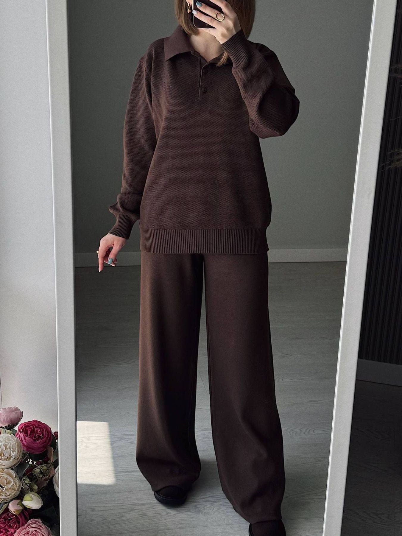 Polo Collar Top and Pants or Skirt Knit Set