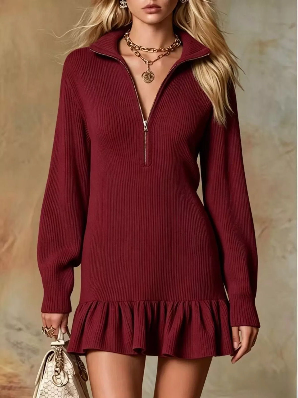 Ruffle Hem Half Zip Dress