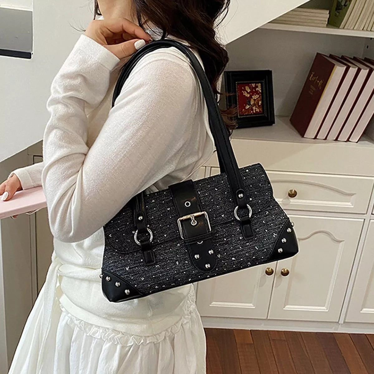 Studded Shoulder Bag with Buckle Detail