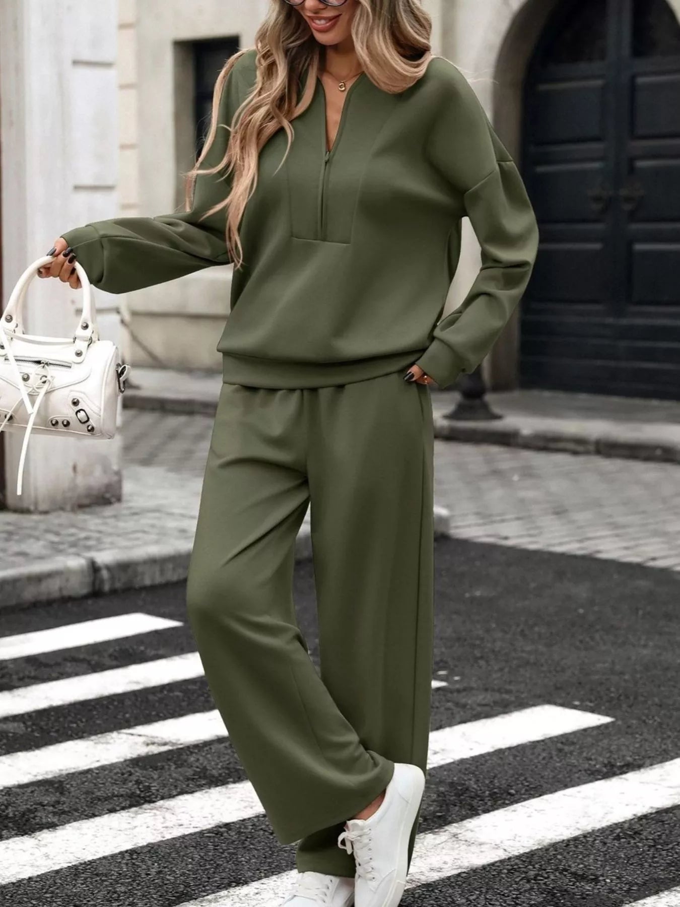 Half Zip Sweatshirt and Wide-Leg Pants Set