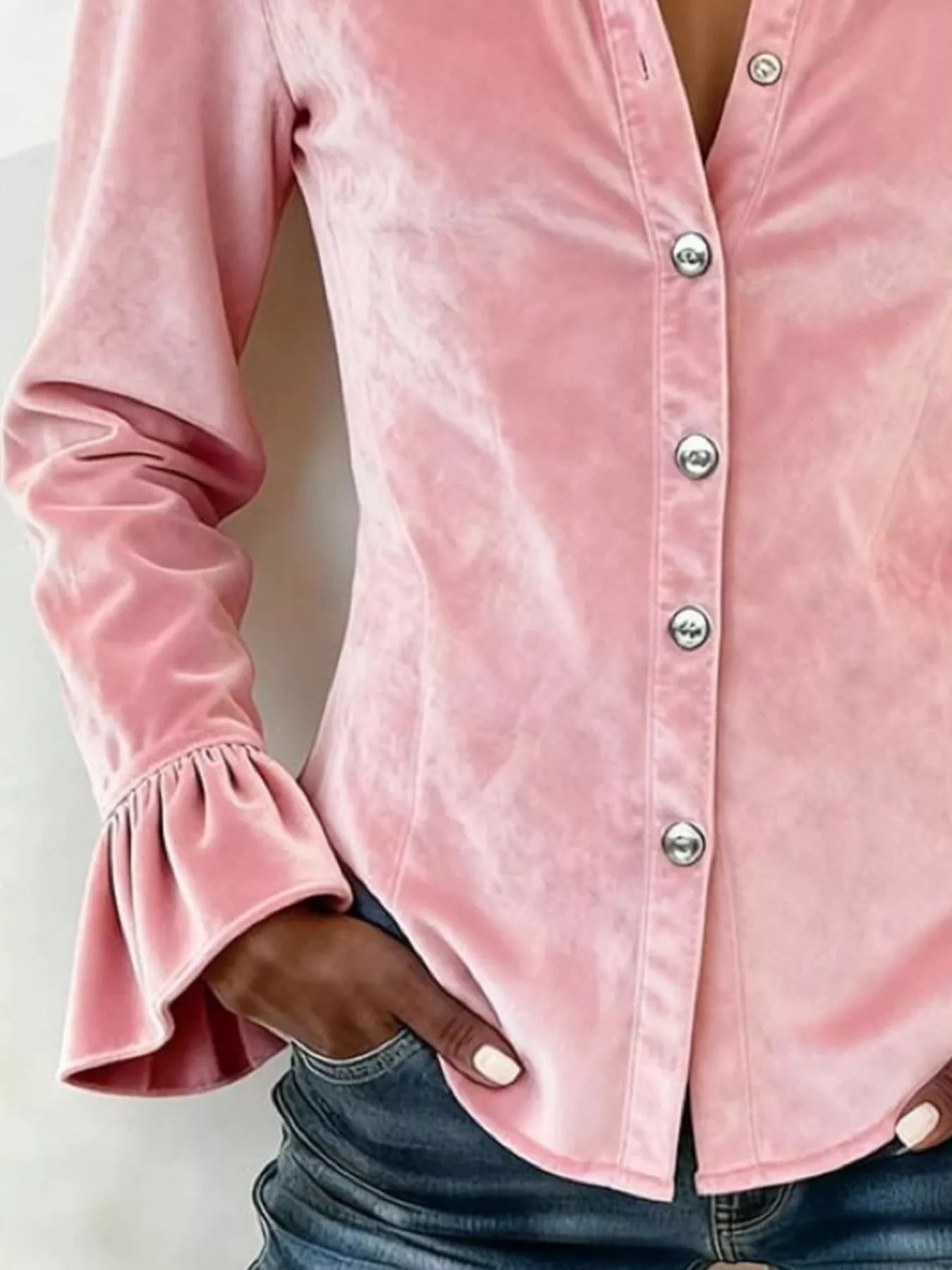 Full Size Velvet Button Up Flare Sleeve Shirt Plus Size