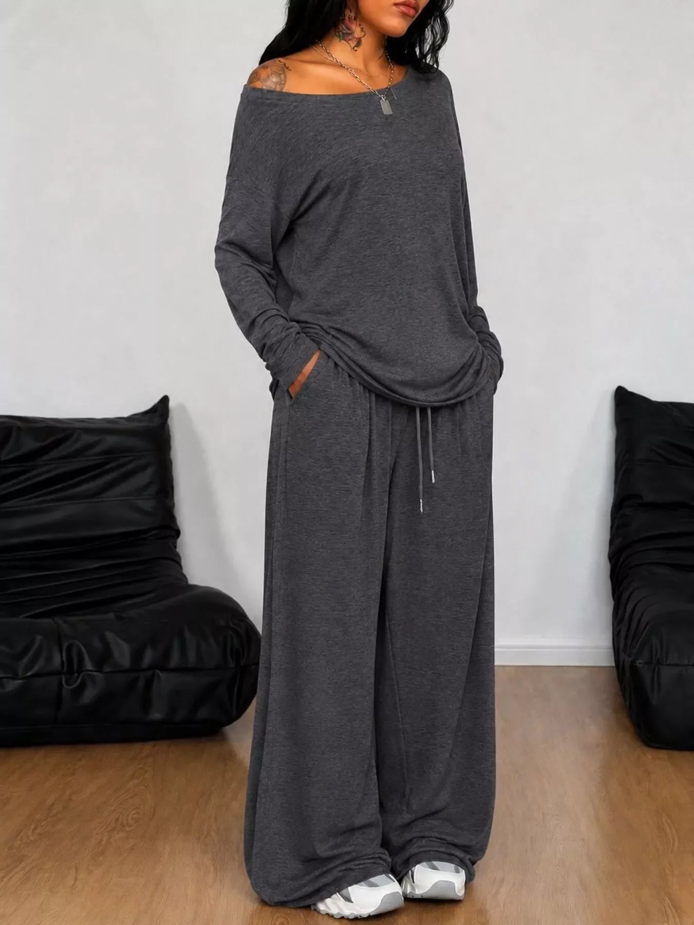 Full Size Comfortable Loose Fit One-Shoulder T-Shirt and Pants Set Plus Size