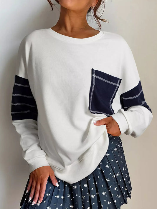Exposed Seam Detail Color Block Patch Pocket Drop Shoulder Sweatshirt