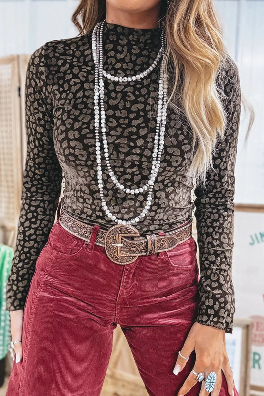 Leopard Print Long Sleeve Sheath Pullover Western Style Top