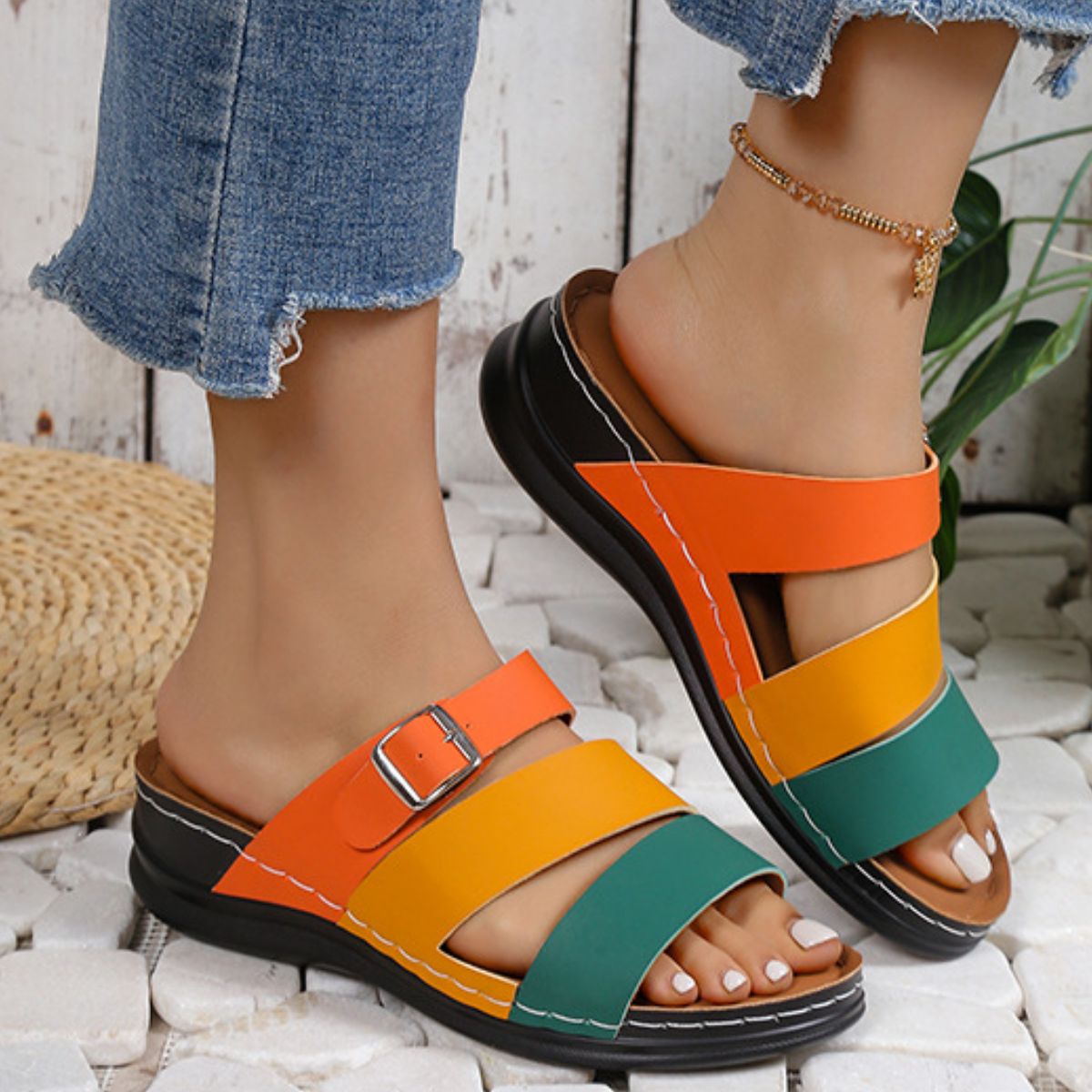 Color Block Adjustable Buckle Comfort Sandals