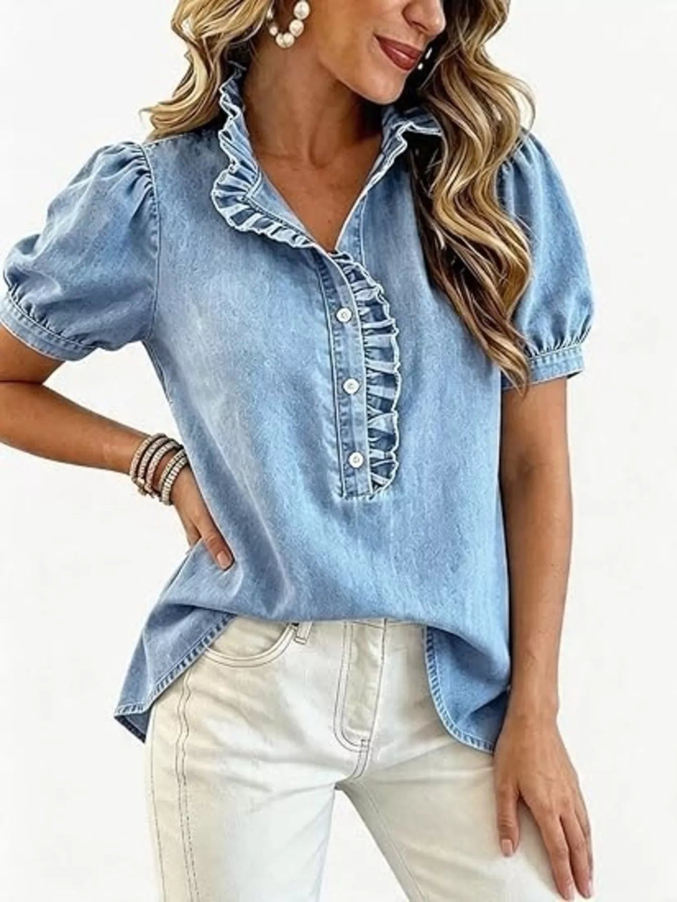 Frill Puff Sleeve Denim Top