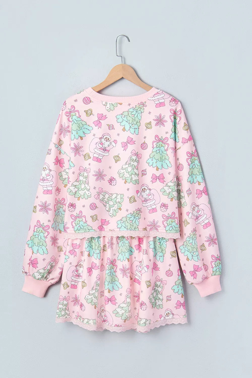 Floral Print Lace Trim Long Sleeve Top and Skirt Set