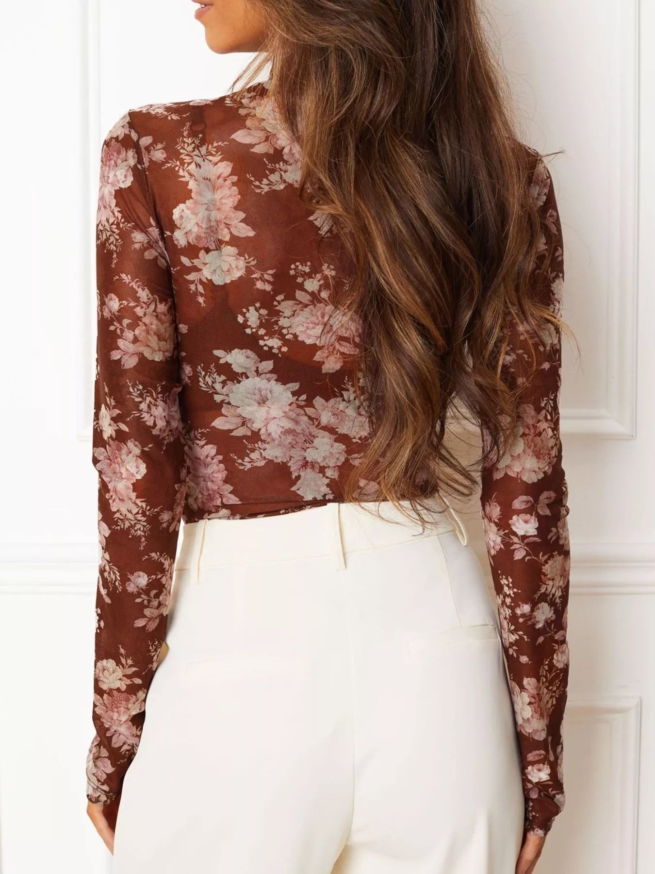 Floral Print Sheer Mesh Long Sleeve Mock Neck Top