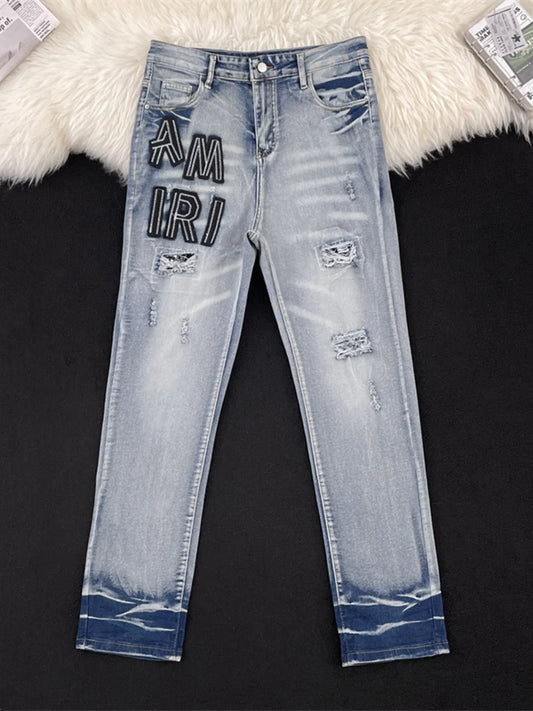 Men's Full Size Distressed Letter Print Skinny Jeans Plus Size
