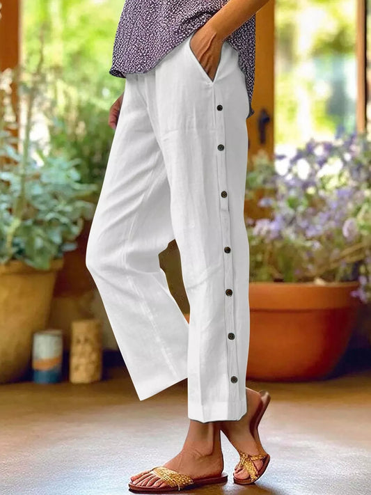 Full Size Side Button Decor Pants Plus Size