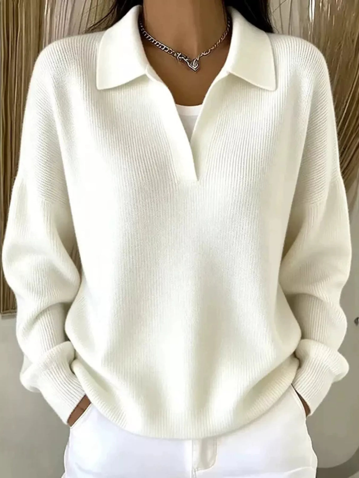 Ribbed Knit Polo Collar Sweater