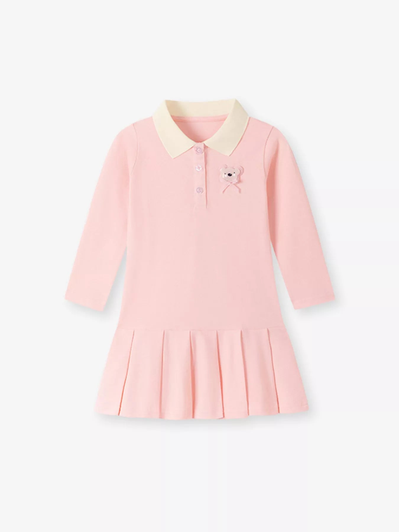 Children's Pleated Polo Collar Long Sleeve Dress