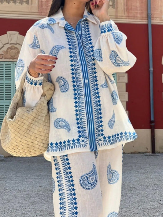 Button Up Printed Shirt and Pants Set